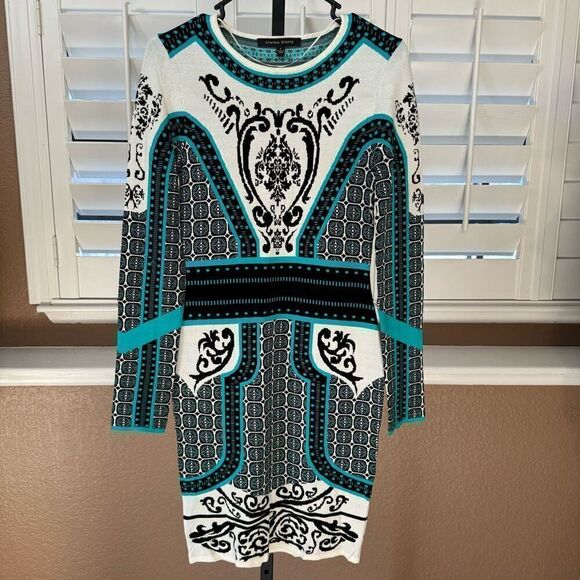 Cynthia Steffe Women S Long Sleeve Dress Blue Black Fleur De Lis Victorian Print - Picture 1 of 5